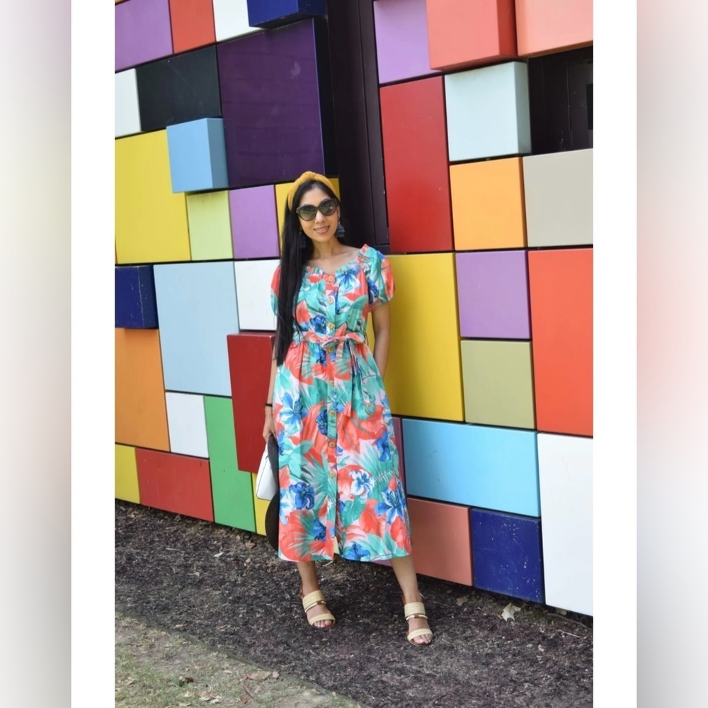 Zara Tropical Floral Off Shoulder Midi Dress S Pockets Puff Sleeve Resort Summer - Picture 6 of 16